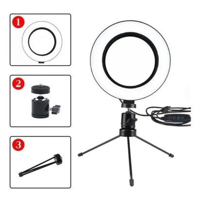 Ring Light Led Iluminador de Mesa Pequeno Tripé 6"