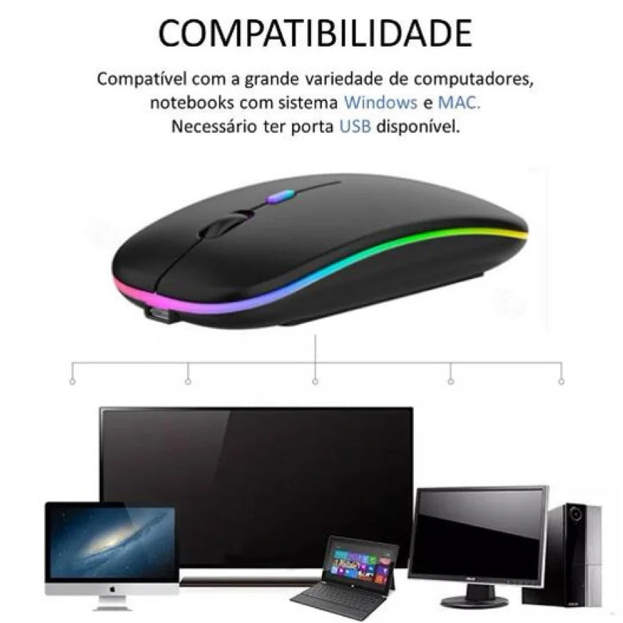 Mouse Sem Fio Optico Silencioso Ergonômico Recarregável LED RGB USB Wirelless 2.4ghz